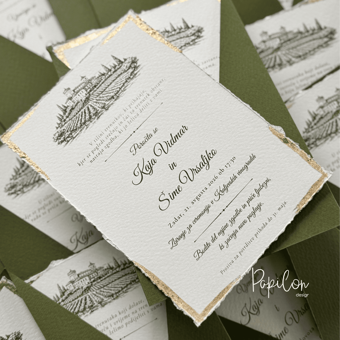 Premium wedding invitation with hand-torn edges and gold foil