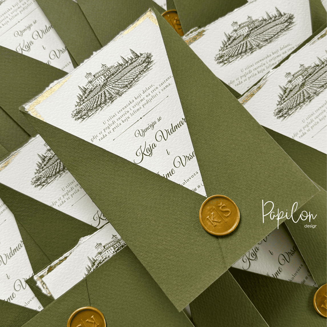Premium wedding invitation in an olive-green sleeve with a personalised wax seal
