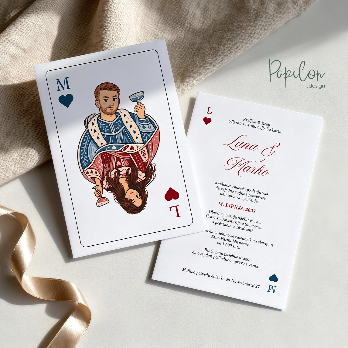Obostrana pozivnica za vjenčanje Bella s motivom igraćih karata - Papilon Design