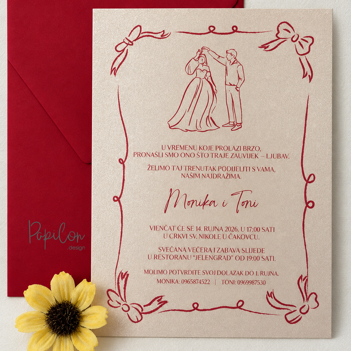 Pozivnica za vjenčanje Cherie s crvenim mašnama i ilustracijom mladenaca - Papilon Design