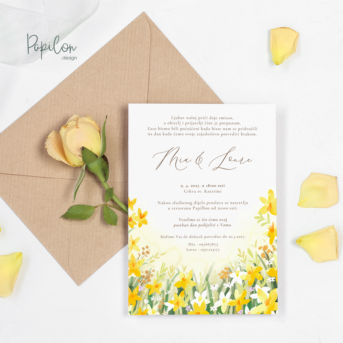 Pozivnica za vjenčanje Flora s motivom žutog cvijeća - Papilon Design